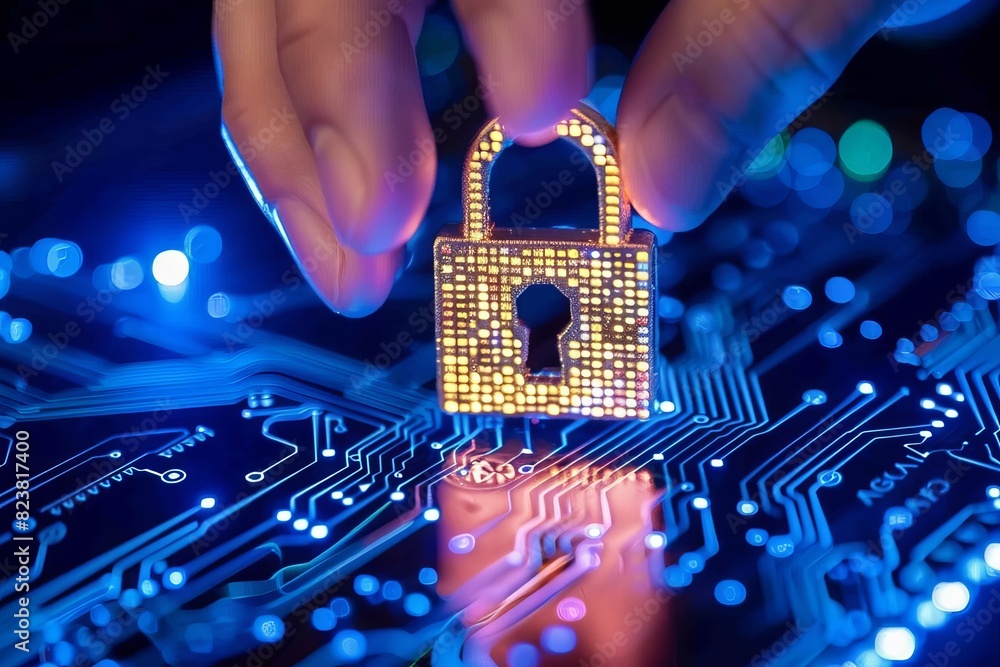 Poster hand holding a golden padlock on a circuit board, representing secure data protection and advanced c