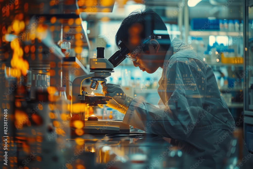 Poster abstract image of a lab technician using a microscope to study the interaction between blood and mil