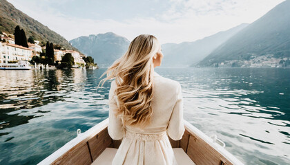 Fototapeta premium Woman tourist travels by boat on the lake. 