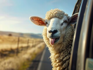A sheep sticking its tongue out of the window while driving on an highway