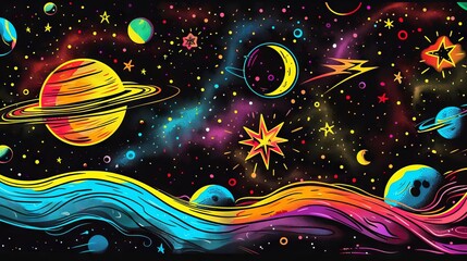 The image is a colorful depiction of outer space, with planets, stars, and other celestial bodies