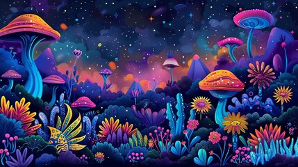 The image is a colorful illustration of a fantasy landscape