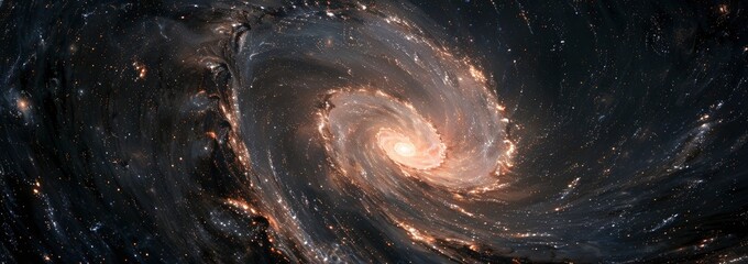 a spiral galaxy with black hole in the center, dark background