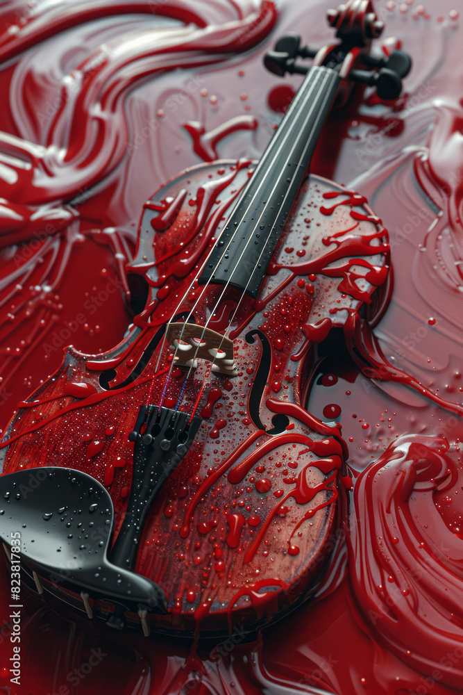 Poster artistic rendering of a violin bow with strands of milk and blood, playing on a violin with strings 