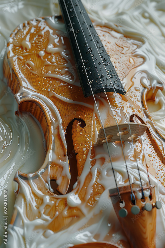 Poster artistic rendering of a violin bow with strands of milk and blood, playing on a violin with strings 