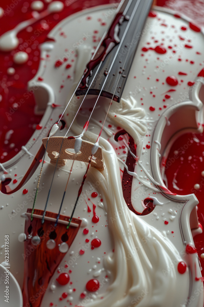 Aufkleber artistic rendering of a violin bow with strands of milk and blood, playing on a violin with strings 