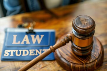 A wooden gavel with an ID card the words LAW STUDENT on it.