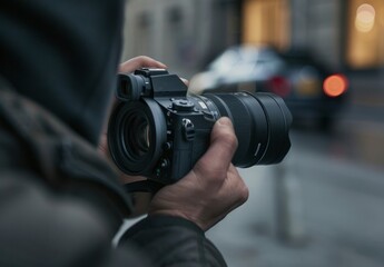 Close up of hands holding a camera with a long lens on street with blur background