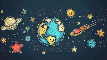 The image shows a cartoonish depiction of the solar system, with the Earth, the sun, and various stars and planets