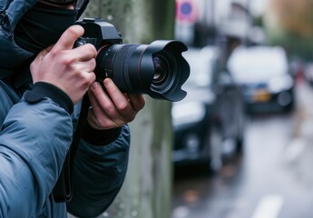Close up of hands holding a camera with a long lens on street with blur background