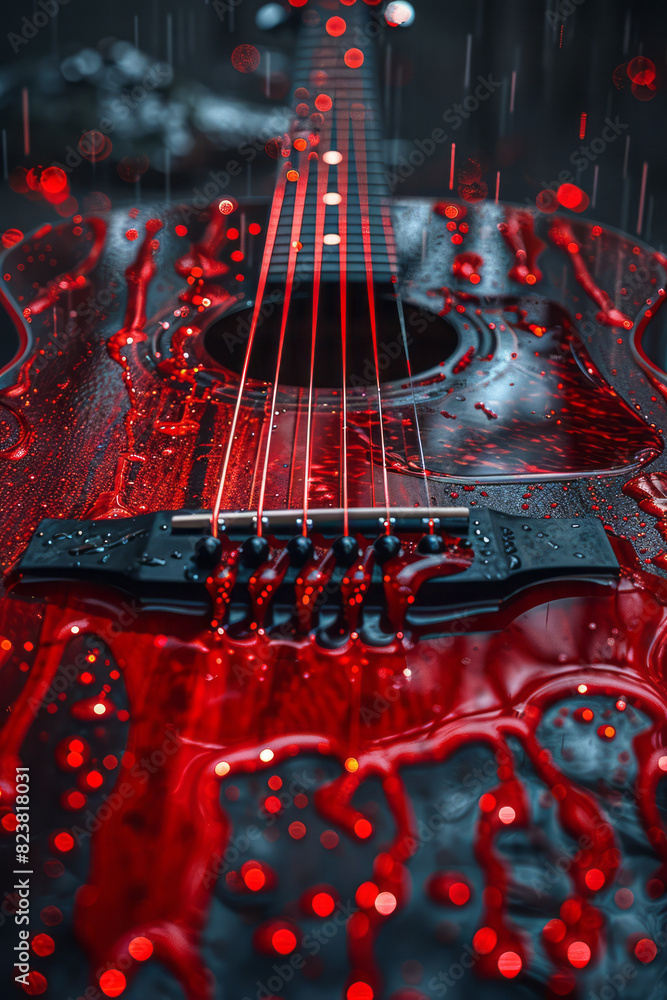 Poster artistic rendering of a guitar with strings that bleed milk and blood, each strum creating a visual 