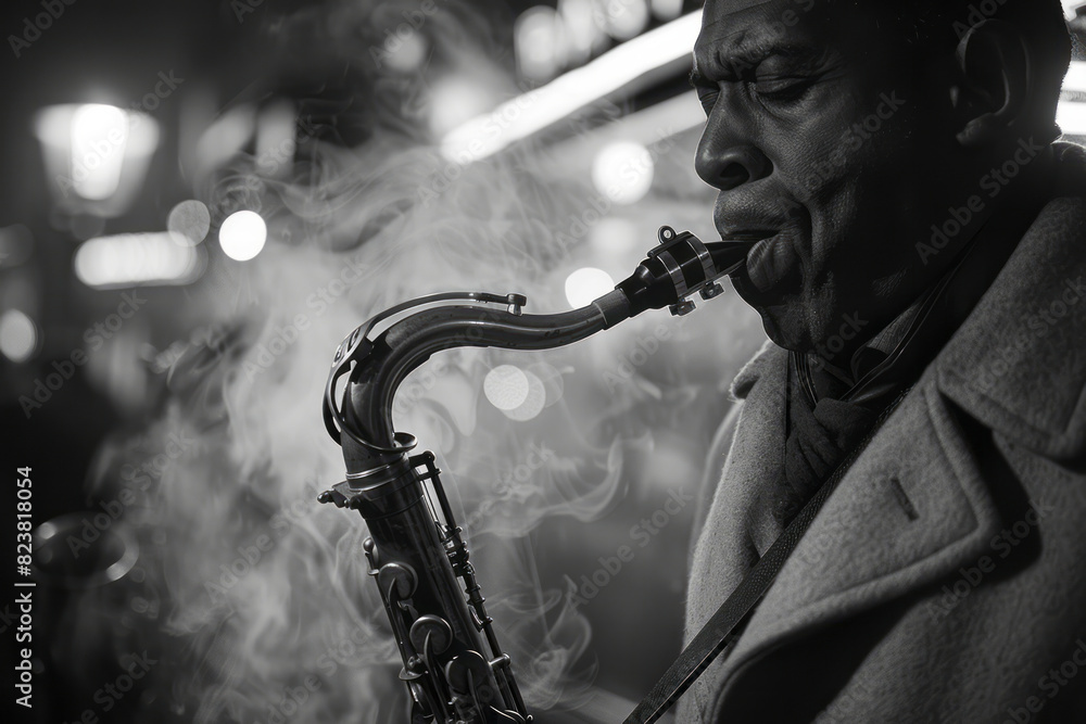 Poster depiction of a saxophone player blowing out notes of milk and blood, creating a visual jazz performa