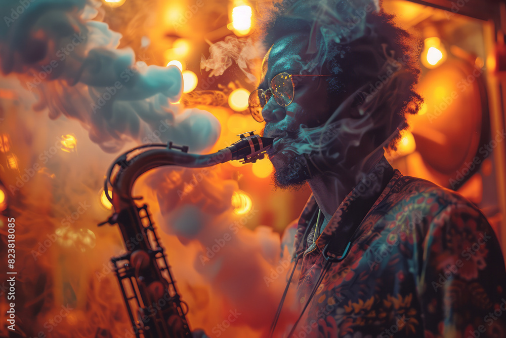 Poster depiction of a saxophone player blowing out notes of milk and blood, creating a visual jazz performa