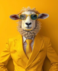 yellow suit with tie and sunglasses on sheep head