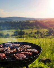 A grill is set up in a grassy field with a few pieces of meat on it. The sun is shining brightly, creating a warm and inviting atmosphere