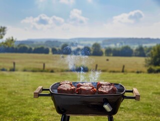 A grill is set up in a grassy field with a few pieces of meat on it. The sun is shining brightly, creating a warm and inviting atmosphere