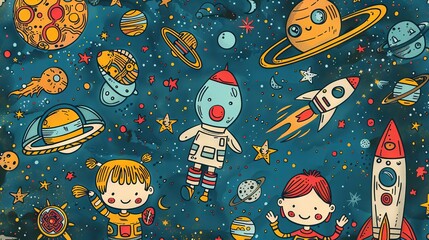 Naklejka premium The image shows a group of children in space