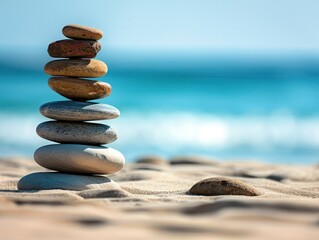 A stack of smooth rocks on the beach, representing balance and meditation for relaxation
