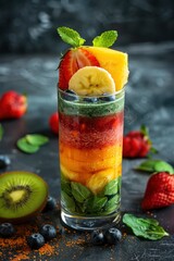 a glass of vibrant smoothie with rainbow layers of fruit and surround by various fruits on gray background