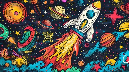 The image shows a rocket ship blasting off into space. The rocket is surrounded by planets, stars, and other celestial bodies. The image is very colorful and has a lot of detail.