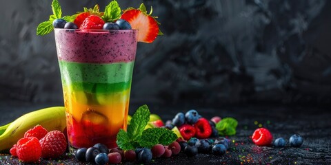 a glass of vibrant smoothie with rainbow layers of fruit and surround by various fruits on gray background