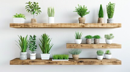 Two wooden shelves, each adorned with a variety of potted plants