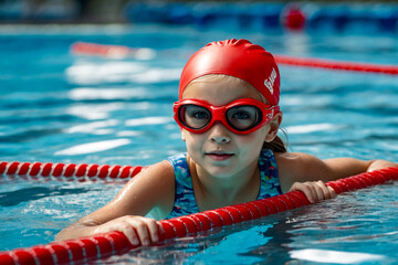 Kid girl swimmer in swimming goggles and swim white hat in water pool workout, looking at camera. Child 5 year old in sport exercising in swim pool, learn. Sports training concept. Copy ad text space
