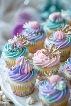 mermaid color cupcakes with frosting in shape of corals, pastel colors