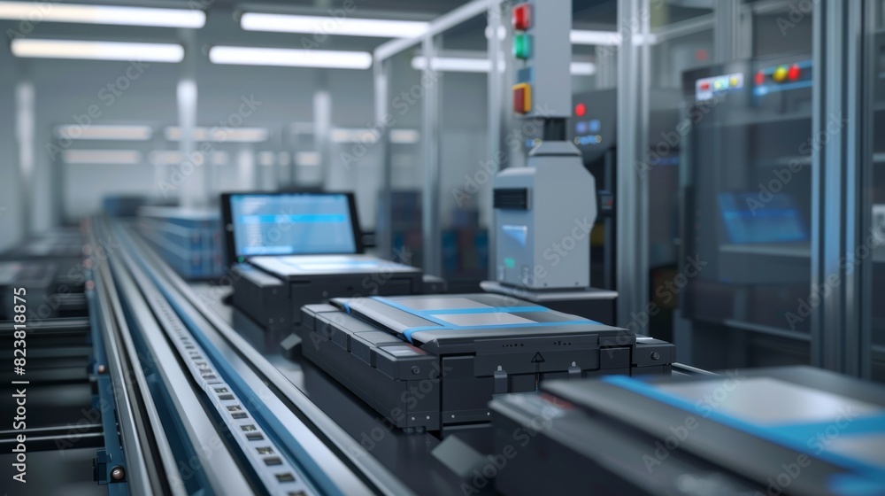 Poster modern industrial setting with an automated assembly or inspection line