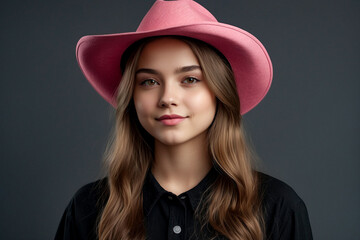 Lovely teenage girl in pink hat posing flirting at grey backdrop, positive looking at camera. Portrait of stylish teen lady in hat, smile look, studio shot. Generation Z concept. Copy ad text space