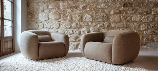 A stylish tan fabric sofa and armchair set against a white carpet in a living room with a stone wall background