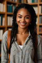 Portrait of joyful black lady student in casual wear in university library at bookshelves, looking at camera. African american woman student smiling pleasant. Education concept. Copy ad text space