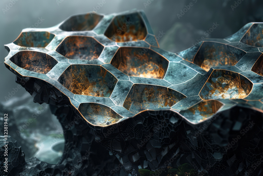 Aufkleber illustration of a nest composed of overlapping hexagonal tiles, resembling the structure of honeycom