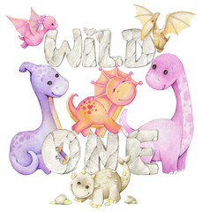 Dinosaurs Wild One lettering. watercolor clipart
