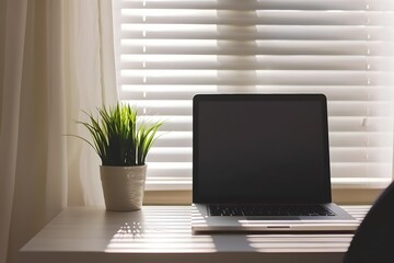 Fototapeta premium Minimalist Desk Setup with Laptop and Potted Plant in Soft Natural Light