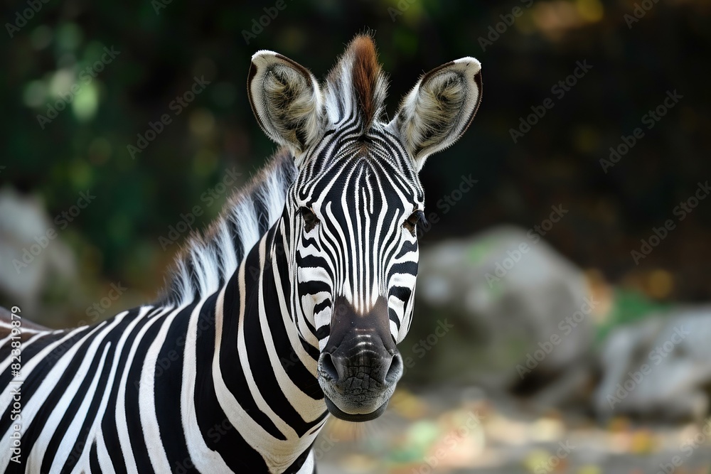 Poster close-up shot capturing the intricate stripes and calm gaze of a zebra with a soft-focus background