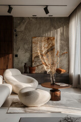 Interior design photos of a modern living room , minimalism style, modern and atmospheric interior, modern furniture