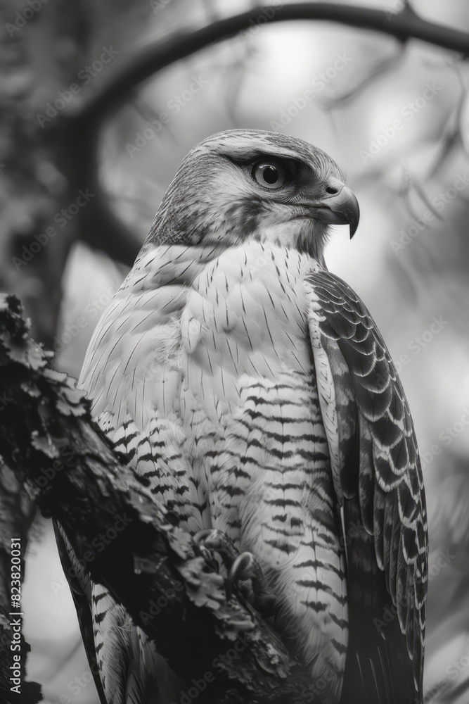 Poster depiction of a hawk with a set of tiny blueprints, surveying a high tree branch as a potential nesti