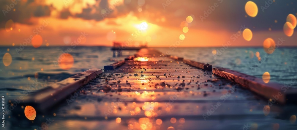 Wall mural A dreamy sunset over a tranquil lake, viewed from a dock, with bokeh lights creating a magical, serene atmosphere. - Wall murals