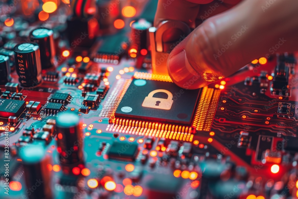Poster hand placing a padlock on a circuit board, symbolizing secure data protection and advanced cybersecu