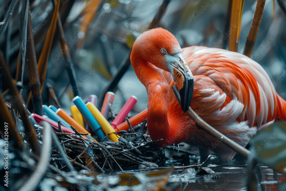 Poster abstract image of a flamingo with a set of colored markers, designing a nest layout in a marshy area
