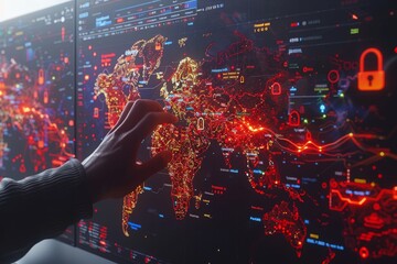 Hand interacting with a digital security network map, symbolizing secure data storage and advanced cybersecurity measures.