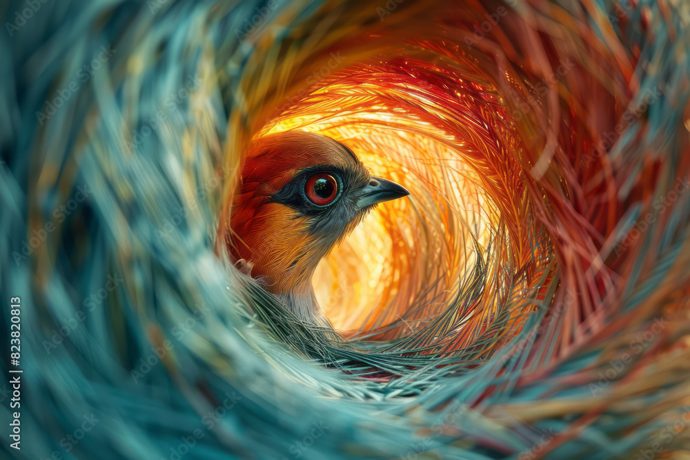 Poster abstract image of a bird's nest forming in a whirlwind of colorful, energetic lines spiraling outwar
