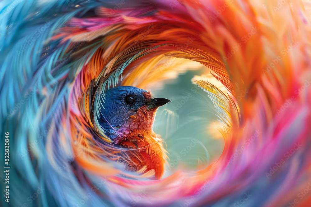 Poster abstract image of a bird's nest forming in a whirlwind of colorful, energetic lines spiraling outwar