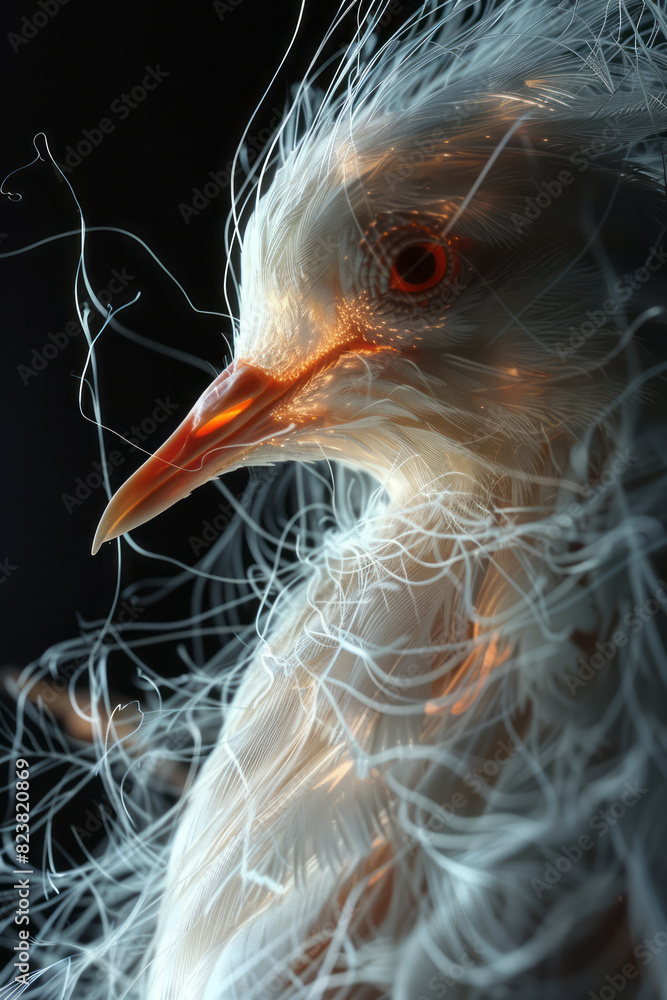 Aufkleber artistic rendering of a bird weaving its nest, with each movement creating a trail of radiant, dynam