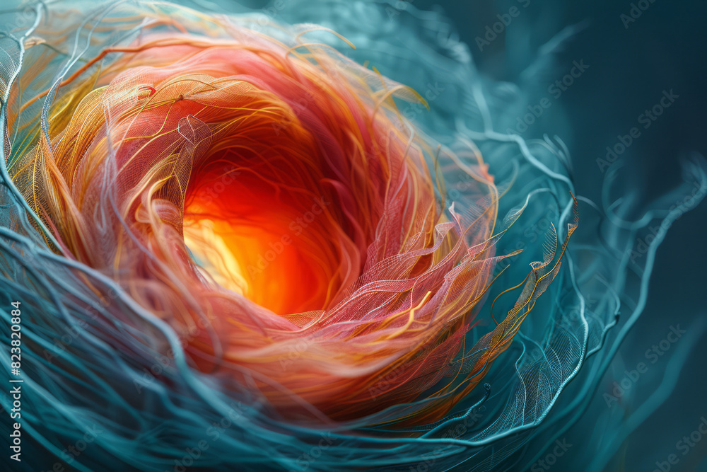 Poster abstract image of a bird's nest forming in a whirlwind of colorful, energetic lines spiraling outwar