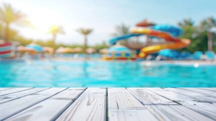 Empty white table space platform and blurry defocused aqua park 