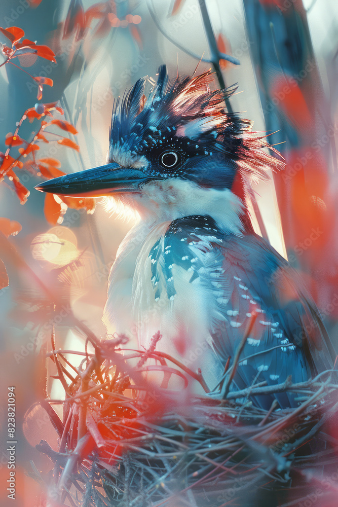 Aufkleber artistic rendering of a bird assembling its nest, with bursts of color and dynamic lines highlightin