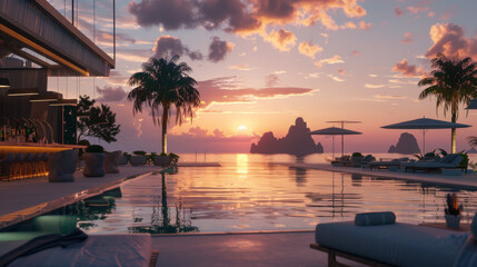 Beautiful poolside lounge and bar at sunset, romantic seascapes, cabincore, lively coastal landscapes, travel 