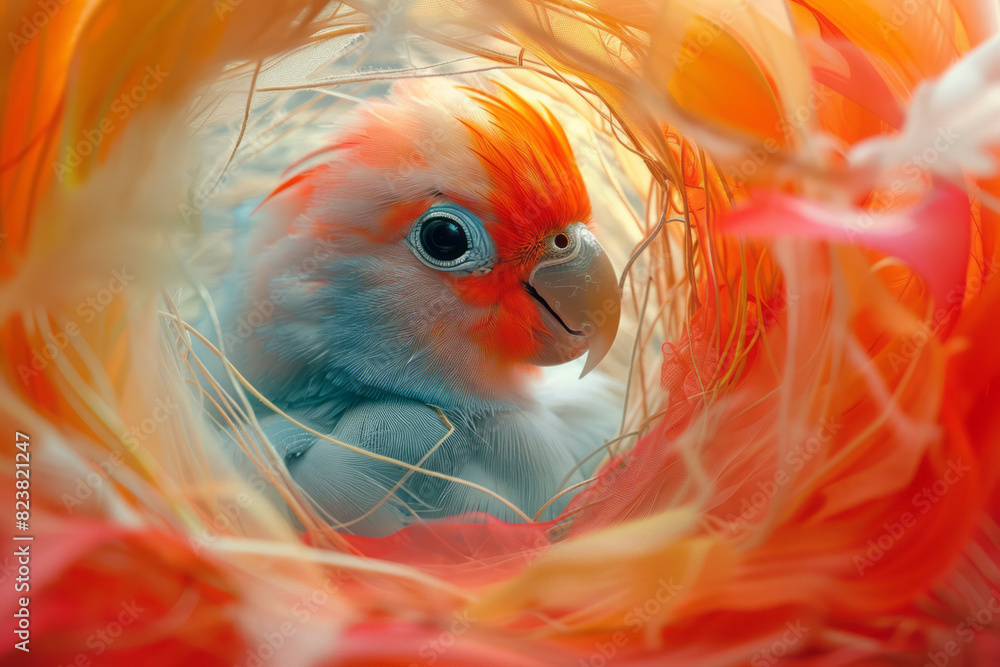 Poster depiction of a bird weaving its nest, with dynamic lines and bright colors illustrating the speed an